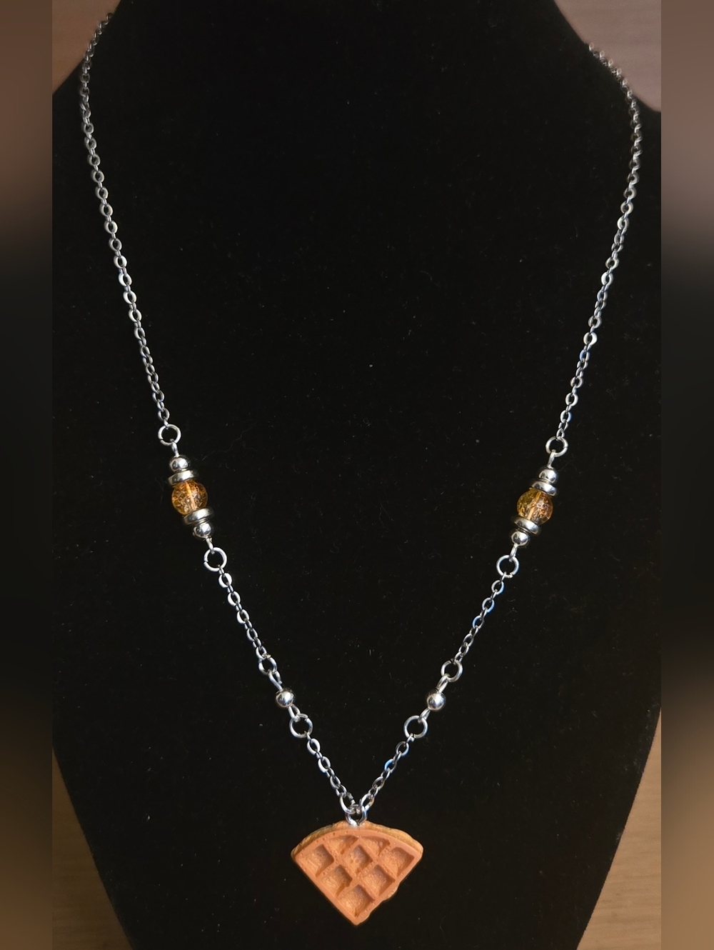 Handmade Waffle Slice Pendant Necklace - Orange